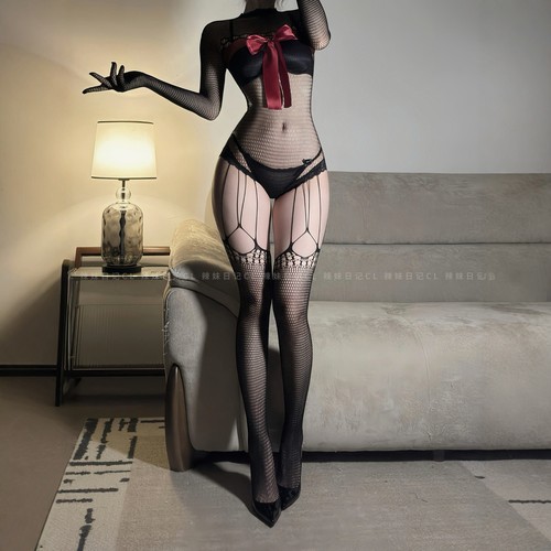 蝴蝶结全包带手丝渔网袜连体丝袜