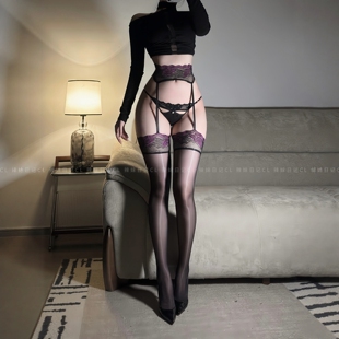辣妹日记CL「紫兰」极光吊带一体油亮丝袜紫色蕾丝长筒袜性感黑丝