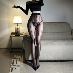 辣妹日记CL「旋律」竖条纹印花T裆高腰超薄极光黑丝油亮连裤袜女