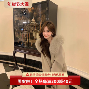 雪后初霁2025新款毛呢外套狐狸毛领连帽长款双面呢羊绒大衣女秋冬