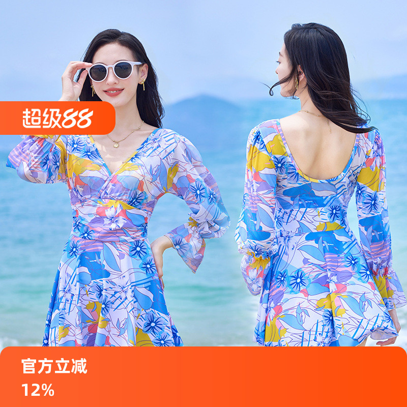 夏季新款长袖遮阳女士泳衣连体泳裙v领收腰海边度假风网纱游泳衣