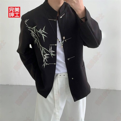 新中式男士订婚衣服套装国风立领中山装金竹刺绣男孩成人礼服西装