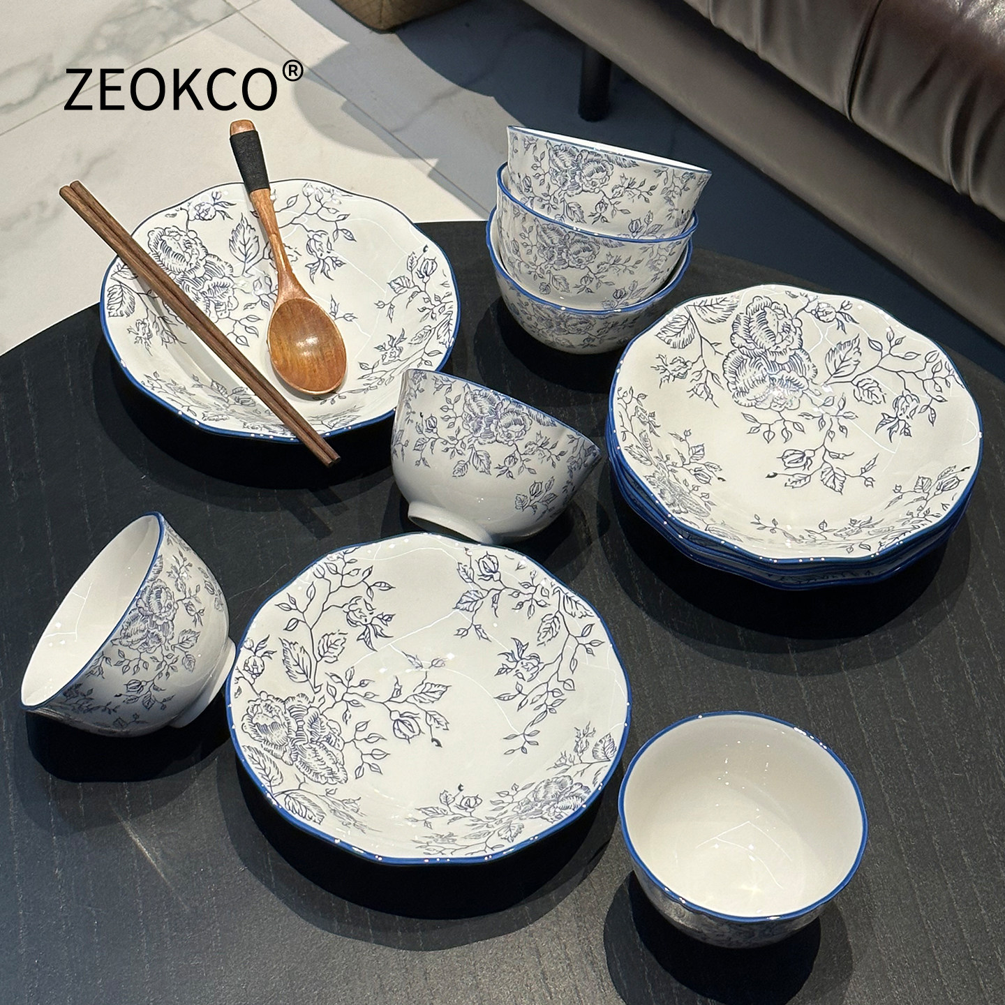ZEOKCO餐具瓷器套装蓝繁花一人食高颜值花边陶瓷碗碟家用乔迁送礼