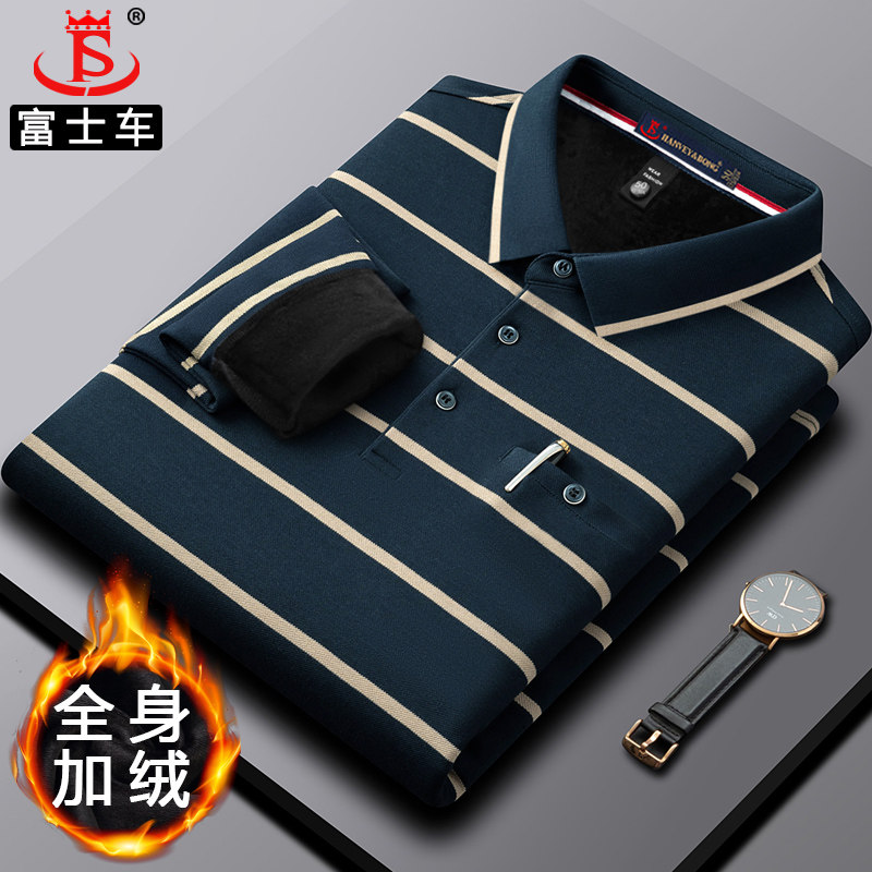 新款加绒中老年男士长袖t恤冬季Polo衫口袋爸爸加厚条纹宽松上衣