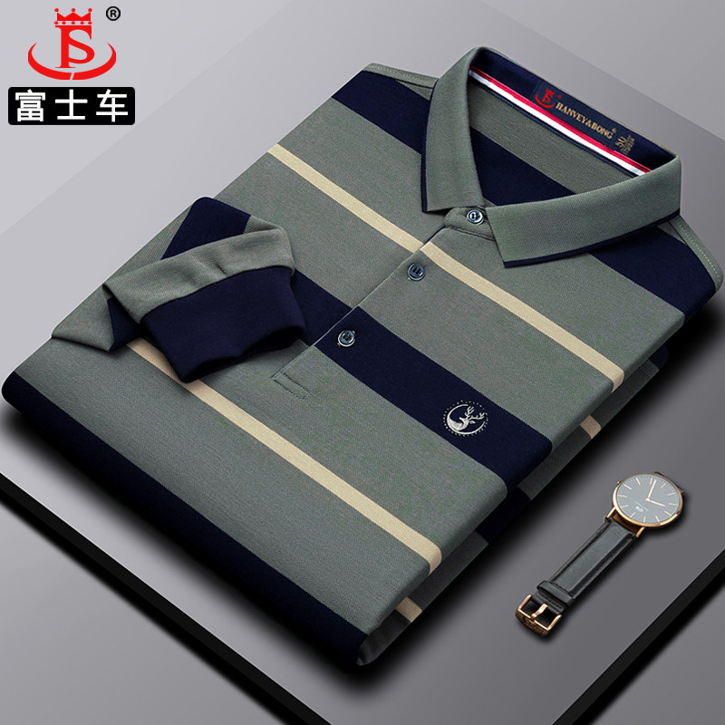 春秋款中老年男士t恤长袖条纹polo衫翻领纯棉刺绣高档爸爸装上衣