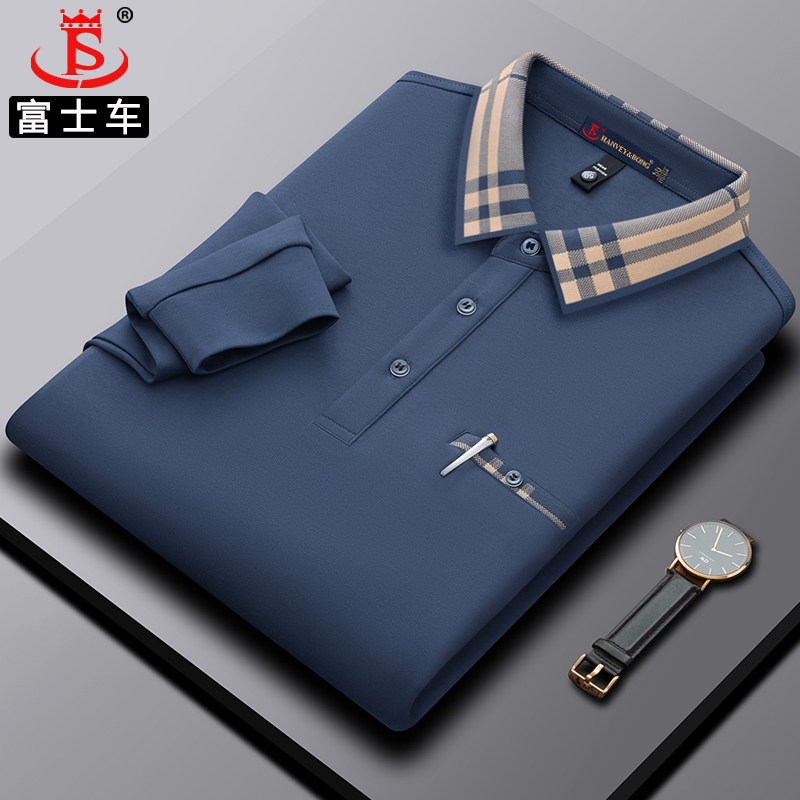 中年男士长袖t恤纯棉翻领40-50岁男装春秋上衣品牌宽松爸爸polo衫