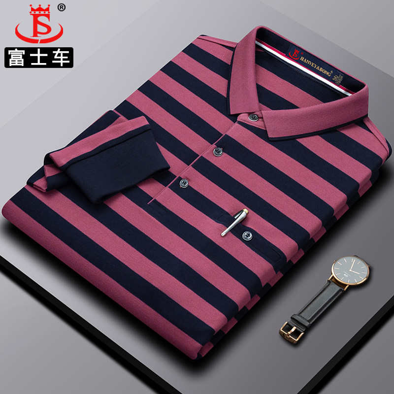 爸爸长袖t恤纯棉宽松中年男士翻领Polo衫品牌条纹春秋季男装上衣