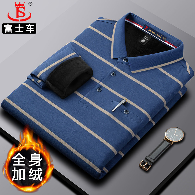 加绒t恤男士长袖翻领条纹高档条纹Polo衫中老年保暖加厚男装上衣