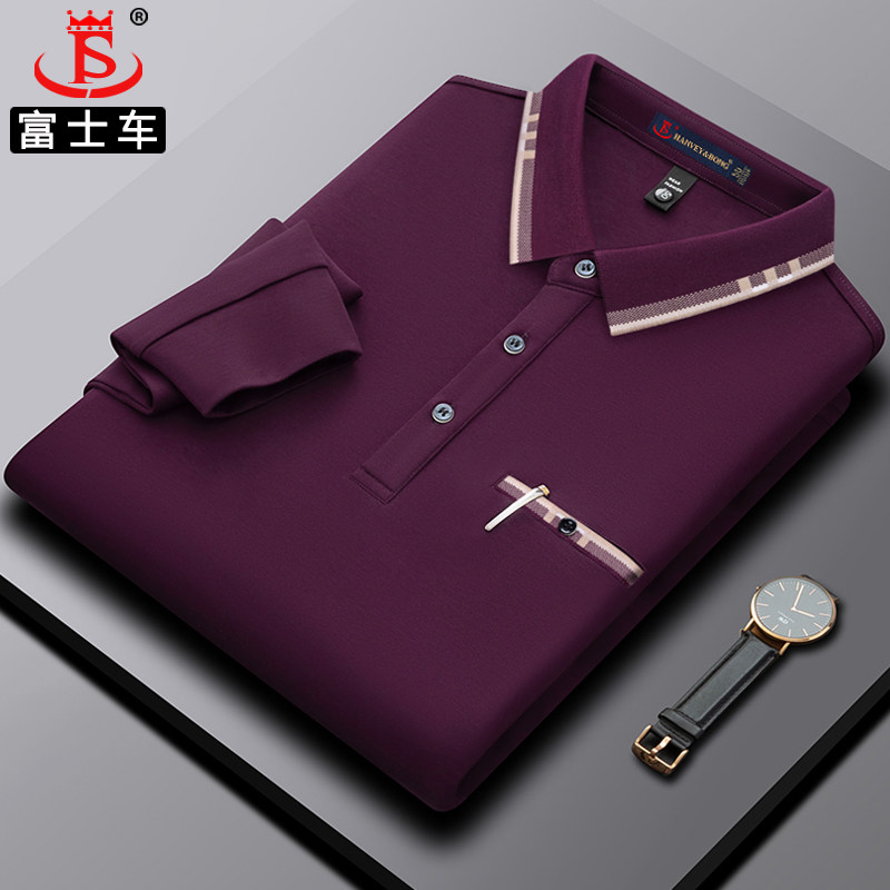 春秋中老年男士t恤长袖翻领高端纯棉宽松型商务风口袋爸爸polo衫