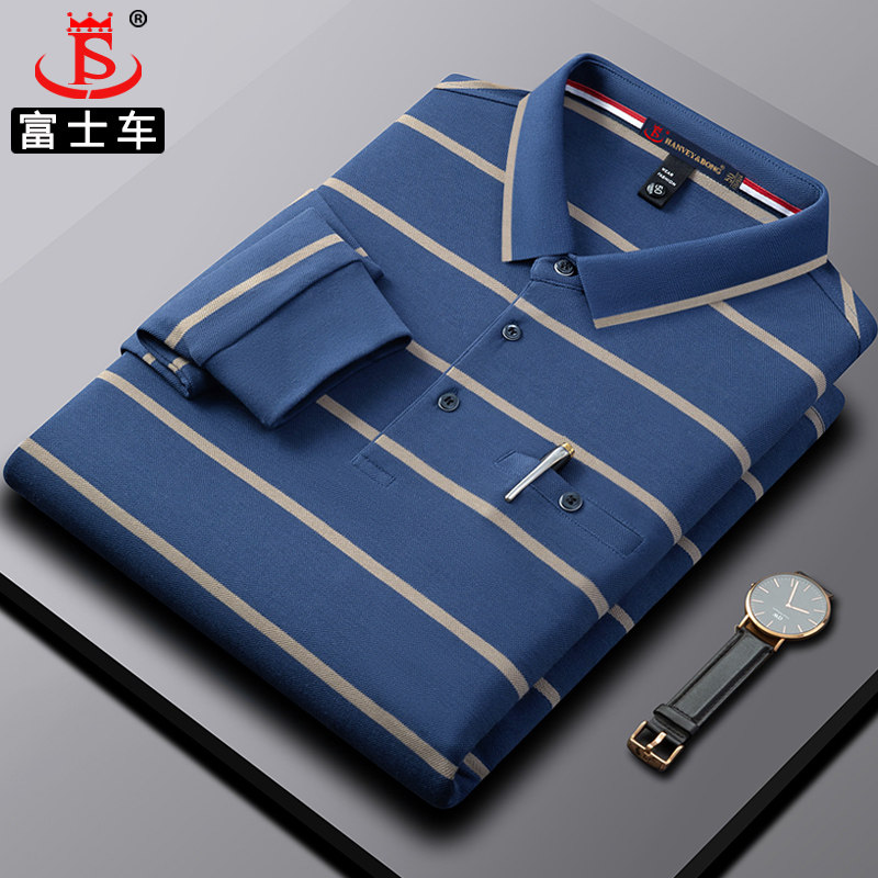 春秋纯棉中老年男士t恤长袖高端条纹翻领爸爸商务宽松POLO衫上衣