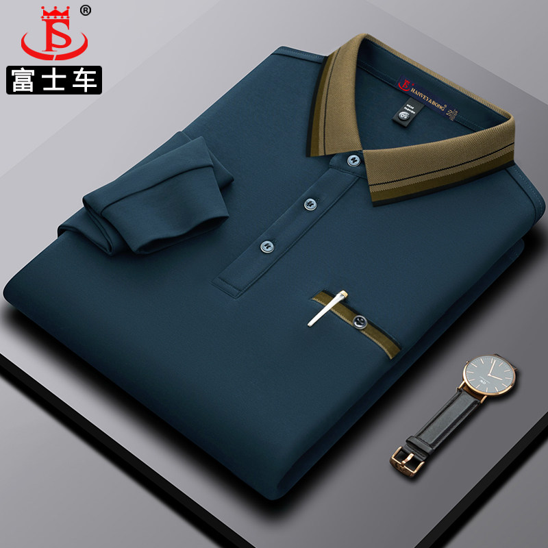 中老年男士t恤长袖春秋纯棉polo衫高档抗皱保型翻领中年爸爸上衣