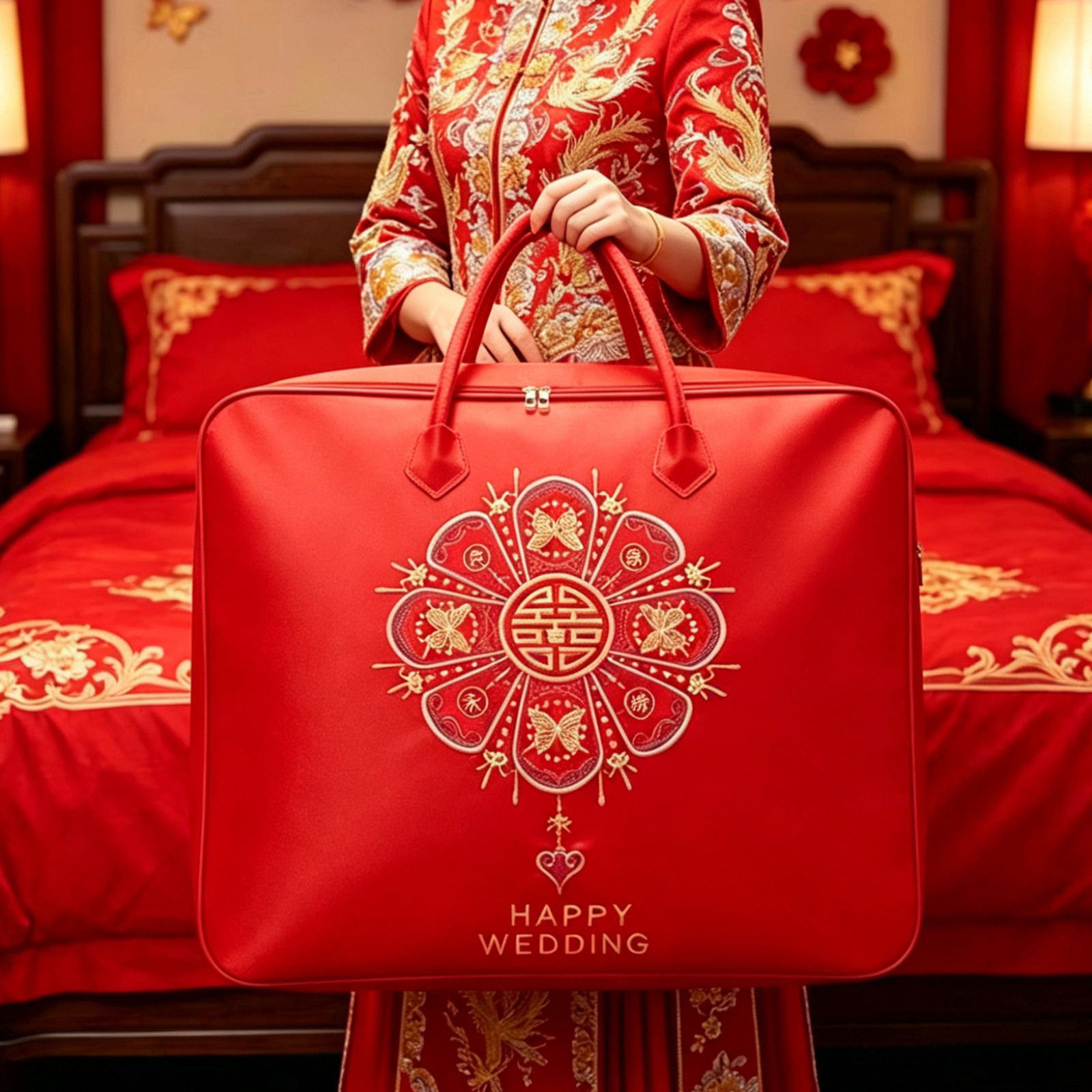 婚庆红色喜被收纳袋加厚防水防潮陪嫁棉被搬家打包手提储物袋子图片