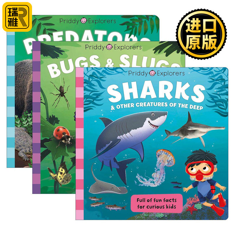 英文原版 Priddy Explorers 探索者3册 食肉动物 虫子和鼻涕虫 鲨鱼和其他深海生物 纸板书 英文版 进口英语原版书籍