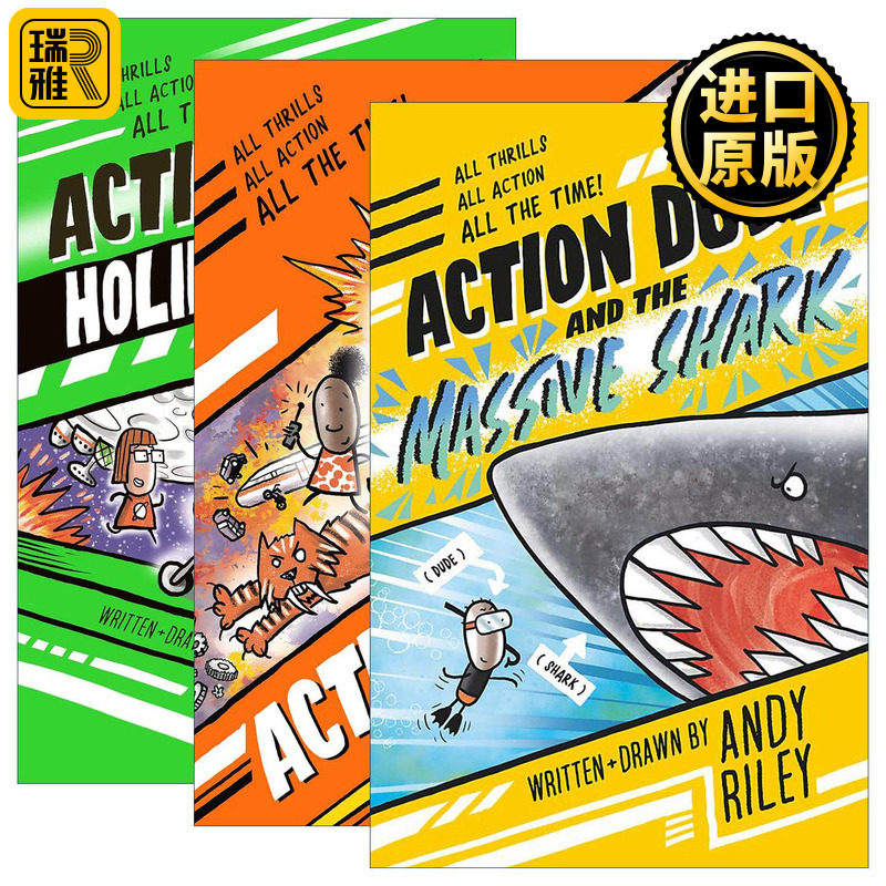 英文原版 Action Dude 功夫小子系列3册 儿童搞笑冒险动作漫画 大鲨鱼 月球上的假日 动作小子 英文版 进口英语原版书籍