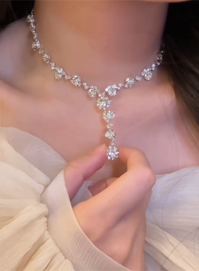 超闪银色满钻流苏项链韩系重工