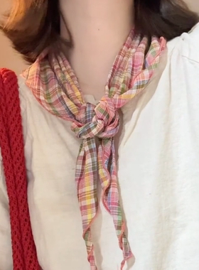 多巴胺彩虹田园风彩色格纹三角巾