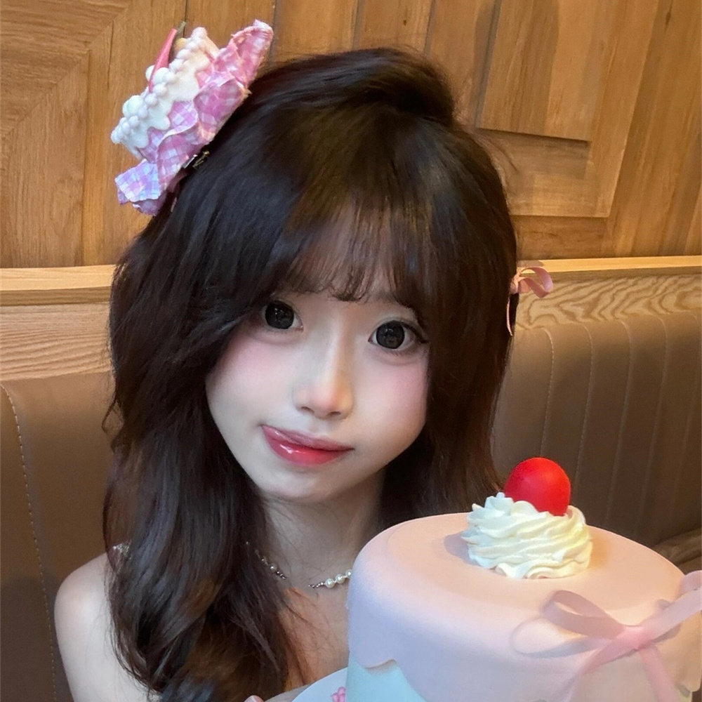 zoozmini粉色草莓蛋糕甜点生日发夹女可爱立体格纹发卡氛围感发饰