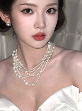 法式多层叠戴珍珠项链轻奢高级感