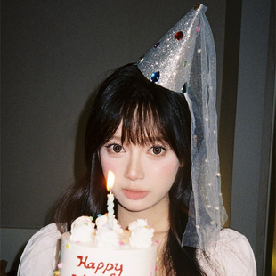 zoozmini韩国钻石珍珠纱生日帽发箍女轻奢ins风简约派对拍照头箍