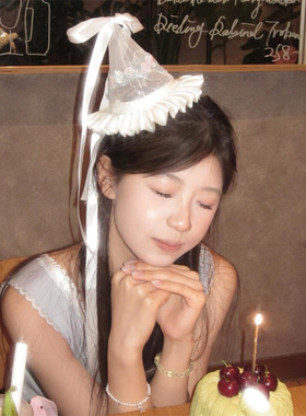 zoozmini复古刺绣生日帽发夹甜美蝴蝶结帽子发卡生日拍照道具发饰