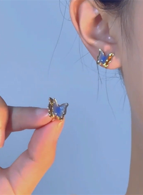 zoozmini蓝色蝴蝶双层耳环女夏高级感小众耳钉气质耳饰无耳洞耳夹