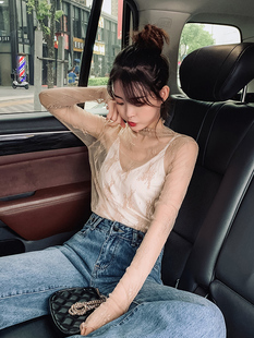 半高领泫雅同款蕾丝打底衫女早秋紧身木耳边内搭内衬透明网纱上衣