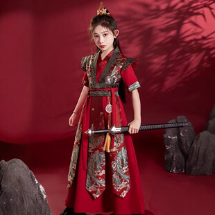 汉服女童中国风夏季短袖薄款花木兰酒红古风帅气侠客儿童古装夏装