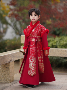 儿童汉服男童秋冬款加绒拜年服冬季古装红色织金加厚中国风演出服