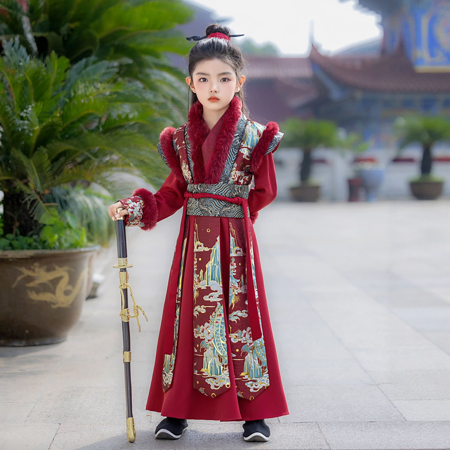 女童汉服冬装酒红色长款加厚加绒