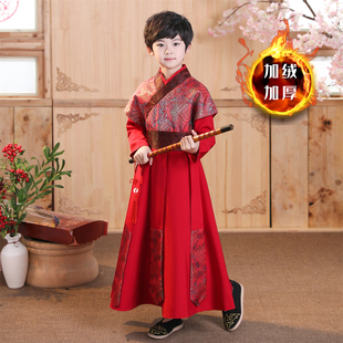 儿童汉服男童拜年服秋冬款加厚古风酒红色新年古装国学演出服春秋