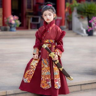 汉服女童冬装加厚加绒儿童古装秋冬款保暖酒红色连体款侠客花木兰