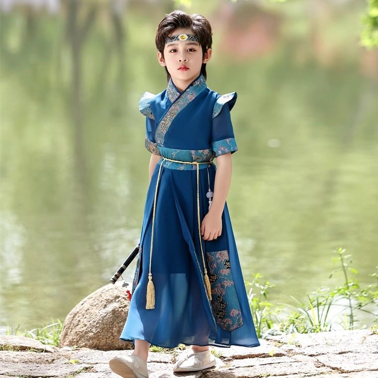 新款汉服男童夏季古装薄款儿童六一雪纺短袖中国风透气国学演出服