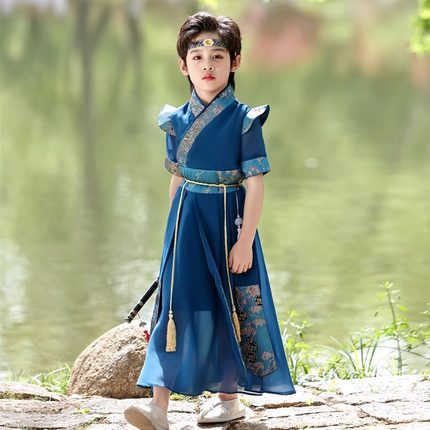 新款汉服男童夏季古装薄款儿童六一雪纺短袖中国风透气国学演出服