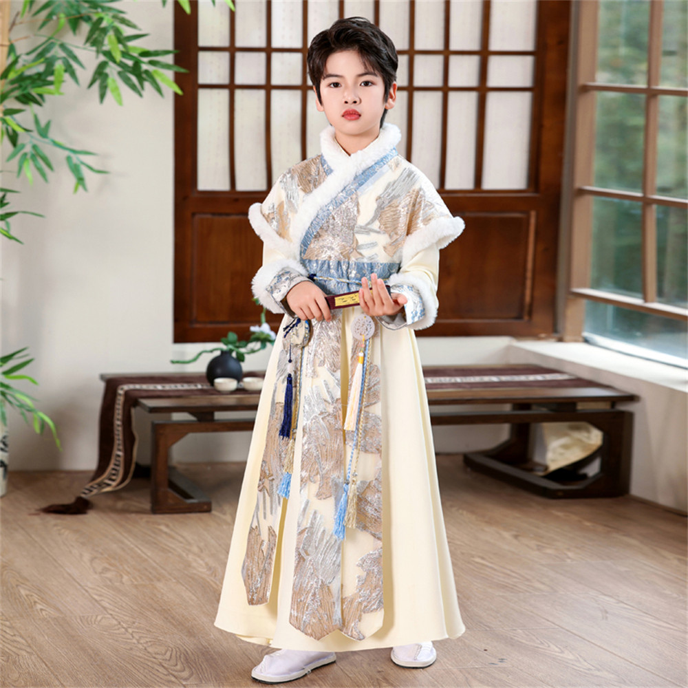 拜年服男童古装汉服冬季加厚加绒过年中国风帅气公子浅黄色秋冬款