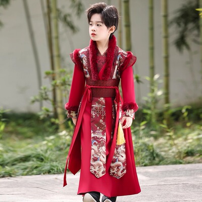 拜年服男童汉服冬装加绒加厚酒红