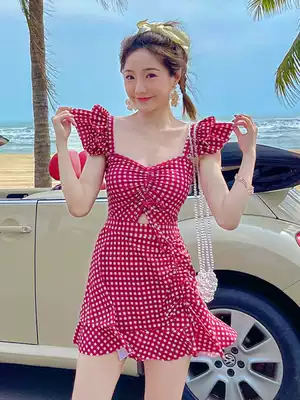 Swimsuit women's summer fairy one-piece skirt red plaid conservative student 2021 new belly cover thin seaside swimsuit