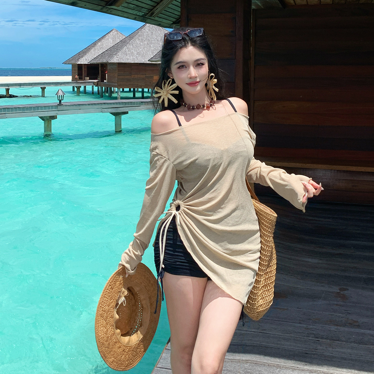大码泳衣女款分体平角比基尼三件套性感纯欲胖mm遮肉海边度假温泉