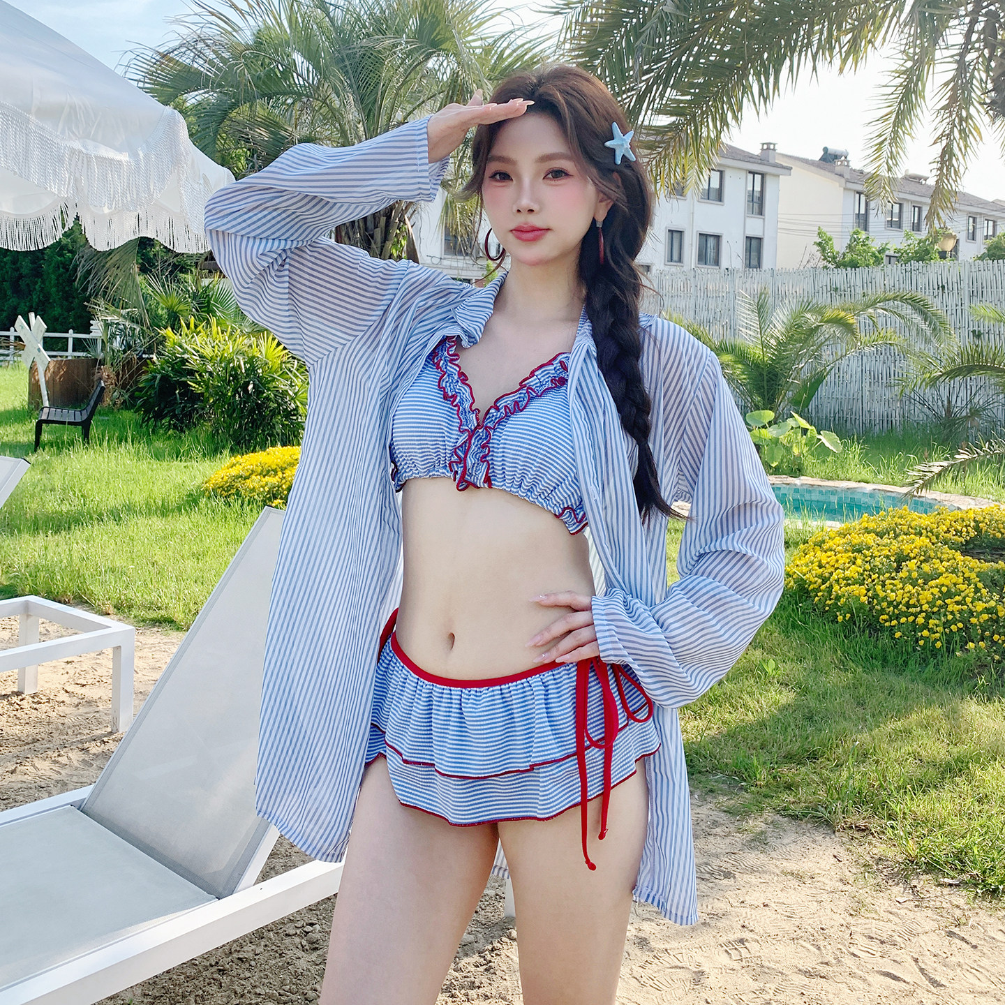 泳衣女款分体平角比基尼三件套罩衫性感纯欲绝美大码遮肉海边温泉