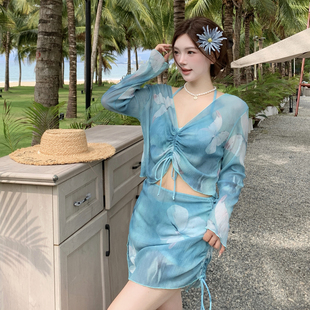 性感大碼 泳衣女款 分體比基尼四件套長袖 罩衫 遮肉海邊度假溫泉泳裝