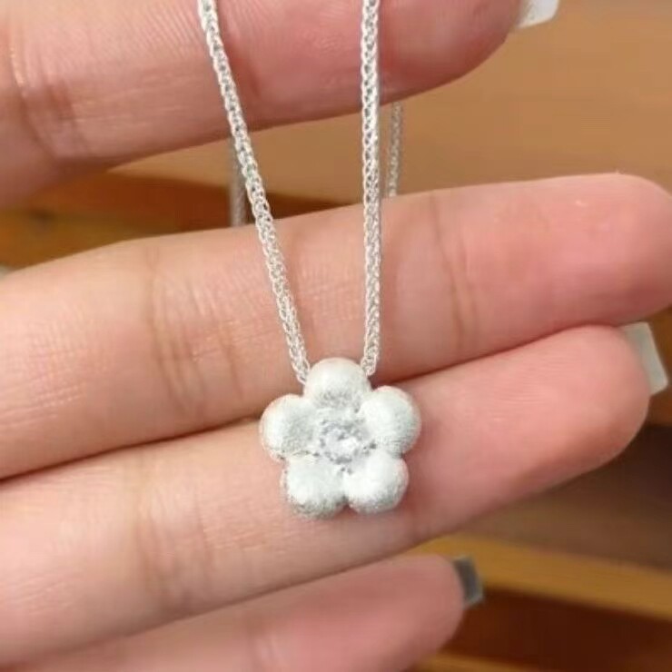 足银999拉丝花朵五瓣花项链女小众设计感高级轻奢百搭锁骨链女友