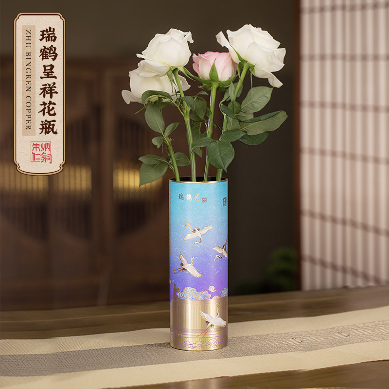 朱炳仁铜瑞鹤呈祥花瓶插花花瓶家居装饰摆件创意花器书桌茶室装饰,家居饰品,装饰摆件,淘宝优惠券,粉丝福利购,淘宝优惠卷