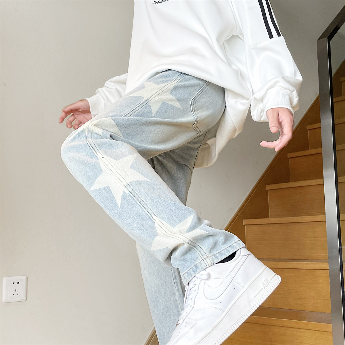 B299-NK22038弹力五角星印花牛仔裤小众修身直筒P48控78，男装牛仔裤，电商A421