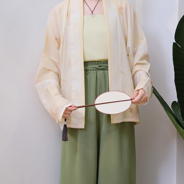 洛竹汉服改良宋裤女日常百搭冰丝阔腿裤印花飞机袖国风套装夏