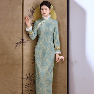绿色加绒加厚冬装国风新中式长款长袖旗袍改良年轻款女复古秋冬季