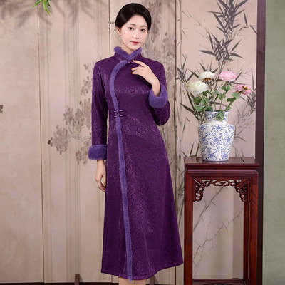 紫色加绒国风新中式长袖改良旗袍冬季厚款女复古妈妈装连衣裙秋冬