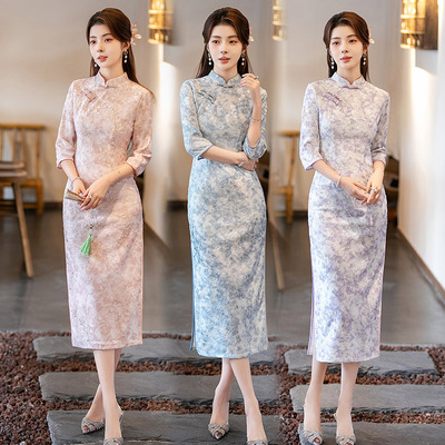 复古中国风长款七分袖旗袍2025秋冬新款年轻女士日常旗袍裙新款