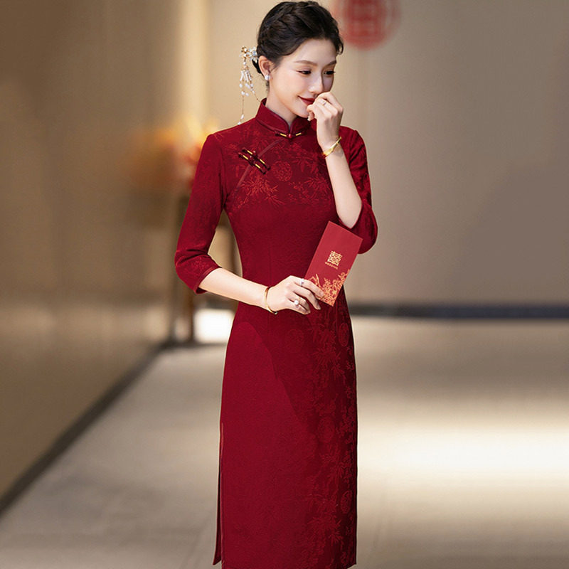 红色妈妈装国风新中式秋季旗袍长袖2026新款女复古修身收腰春秋装