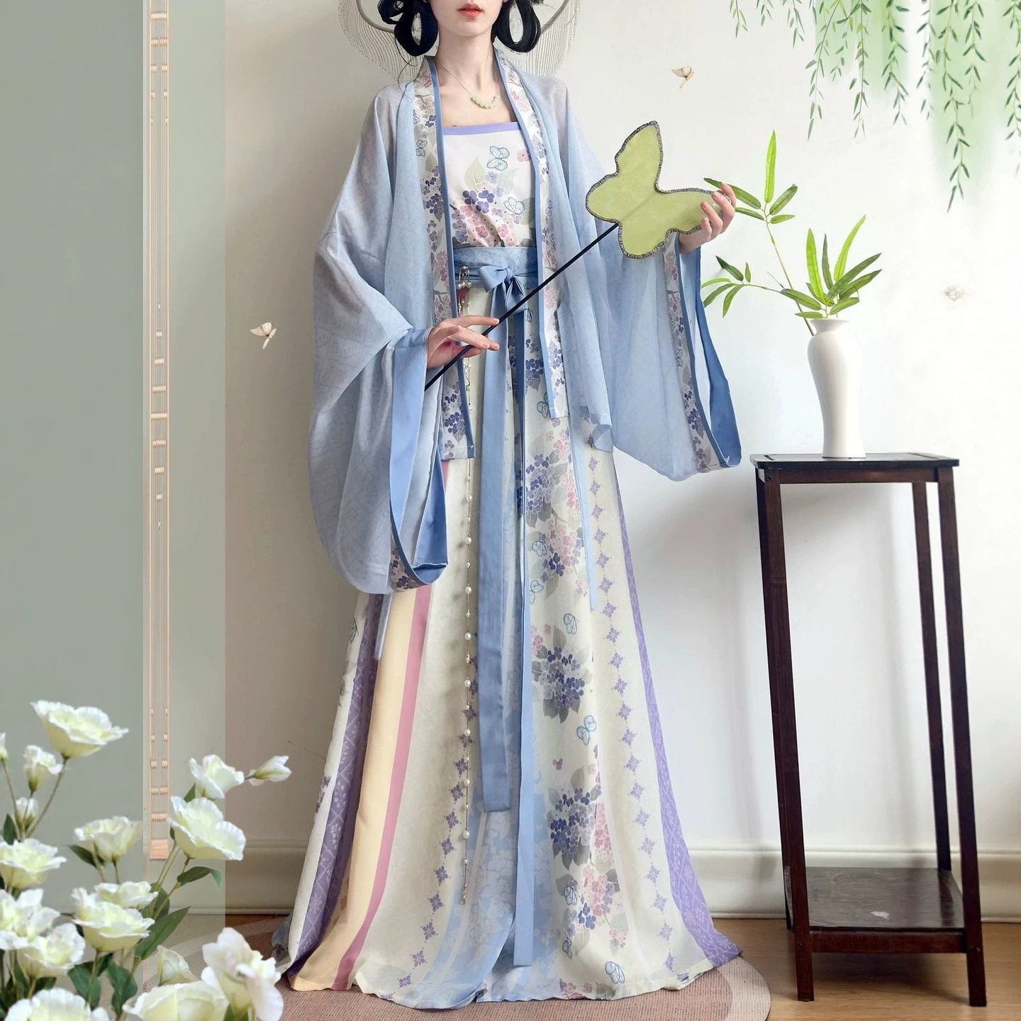 春上新成人女士汉服汀兰蝶梦宋制对襟衫吊带露肩齐腰破裙超仙套装