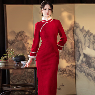 红色加绒加厚冬装国风中式长款长袖改良旗袍2026新款女拜年服冬季