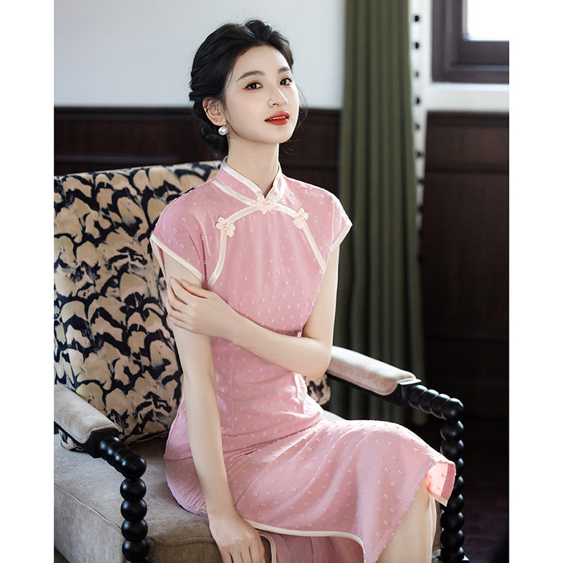 粉色改良旗袍新中式复古优雅日常夏季新款国风复古小清新年轻款女